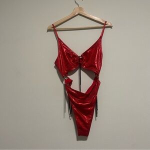 Rave After Rave Red Reptile Skin Bodysuit with Black Chain Detail, Size XXL